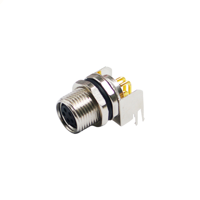 M8 5pins B code female right angle front panel mount connector,unshielded,insert,brass with nickel plated shell